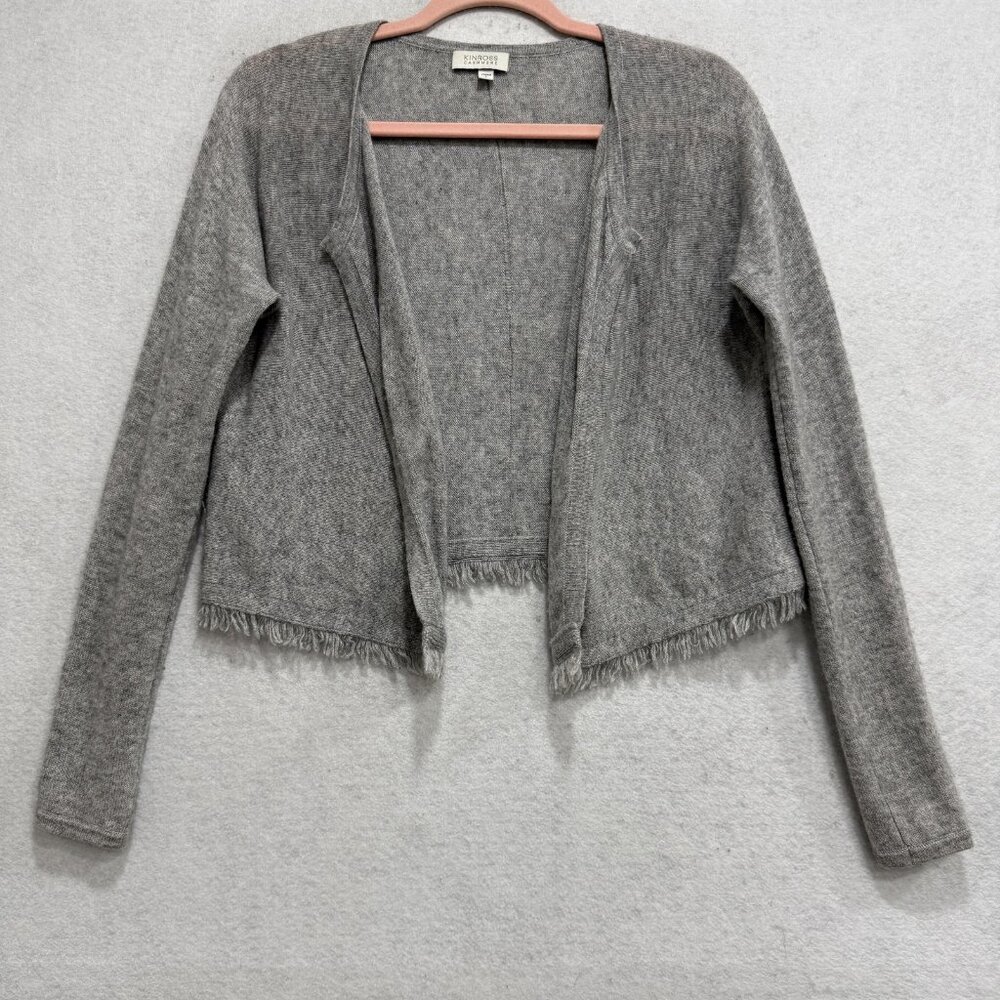 Kinross Cashmere Cardigan Sweater Womens Small Gray Knit Open Front Fringe Hem